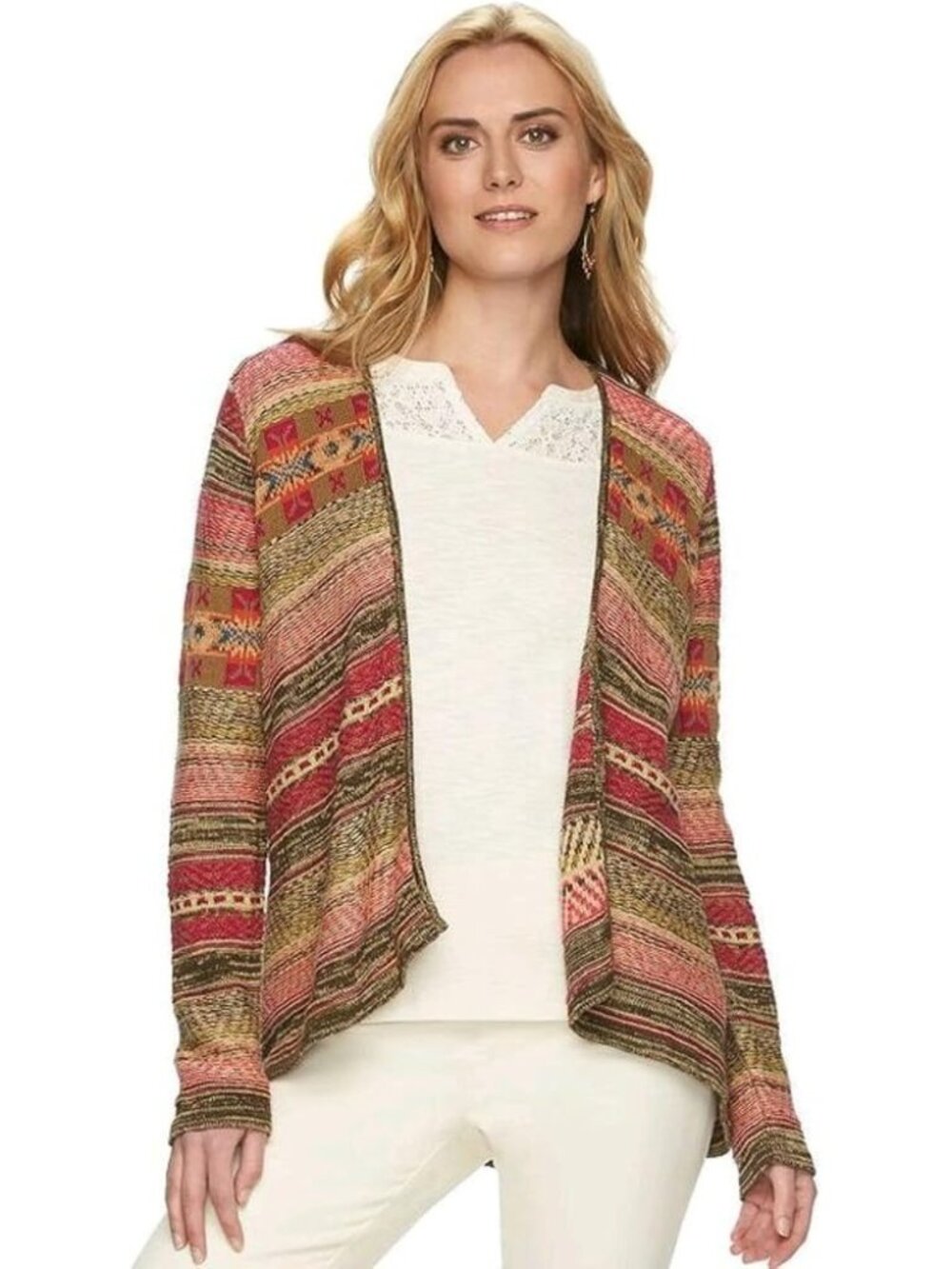 Chaps Multicolor Striped Open-Front Cardigan - Pink, Brown, Cream - Picture 2 of 9